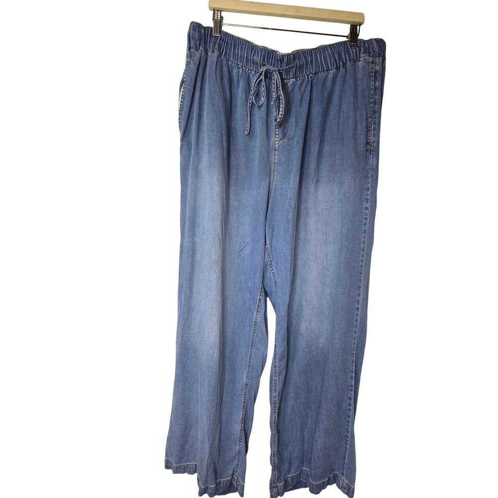 Lane Bryant Wide Leg Drawstring Pants Women 16 Blue Lyocell Coastal Summer
